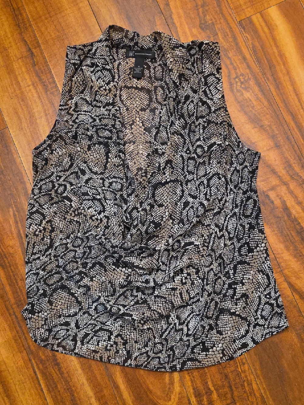 INC Black and Tan Snake-Print Draped Cowl Neck Blouse